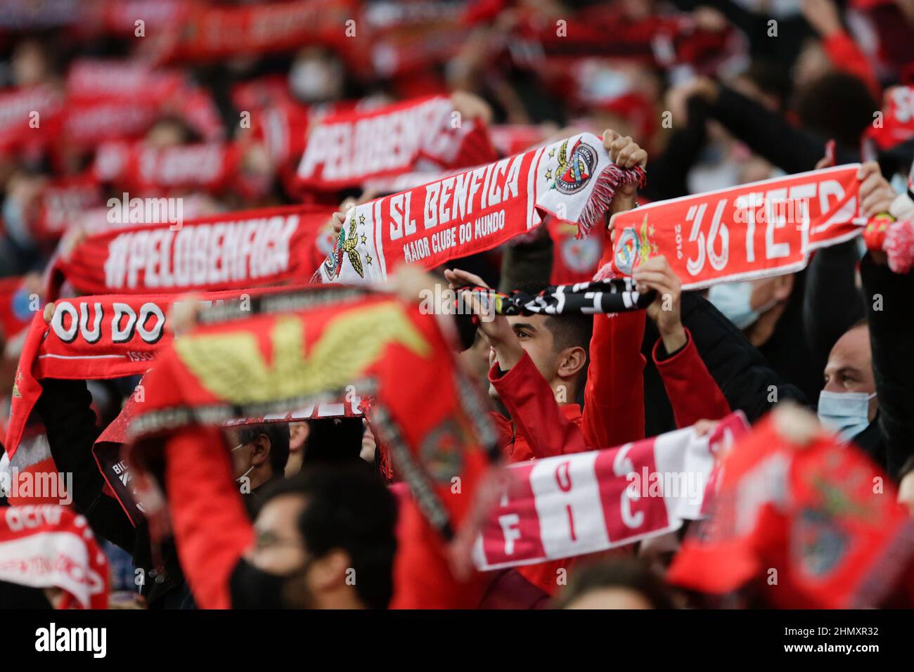Lisboa, Portugal. 13th Feb, 2022. Supporters of Benfica attend during the Liga Portugal Bwin match between SL Benfica and CD Santa Clara at Estádio da Luz on 12th February, 2022 in Lisbon, Portugal. Valter Gouveia/SPP Credit: SPP Sport Press Photo. /Alamy Live News Stock Photo