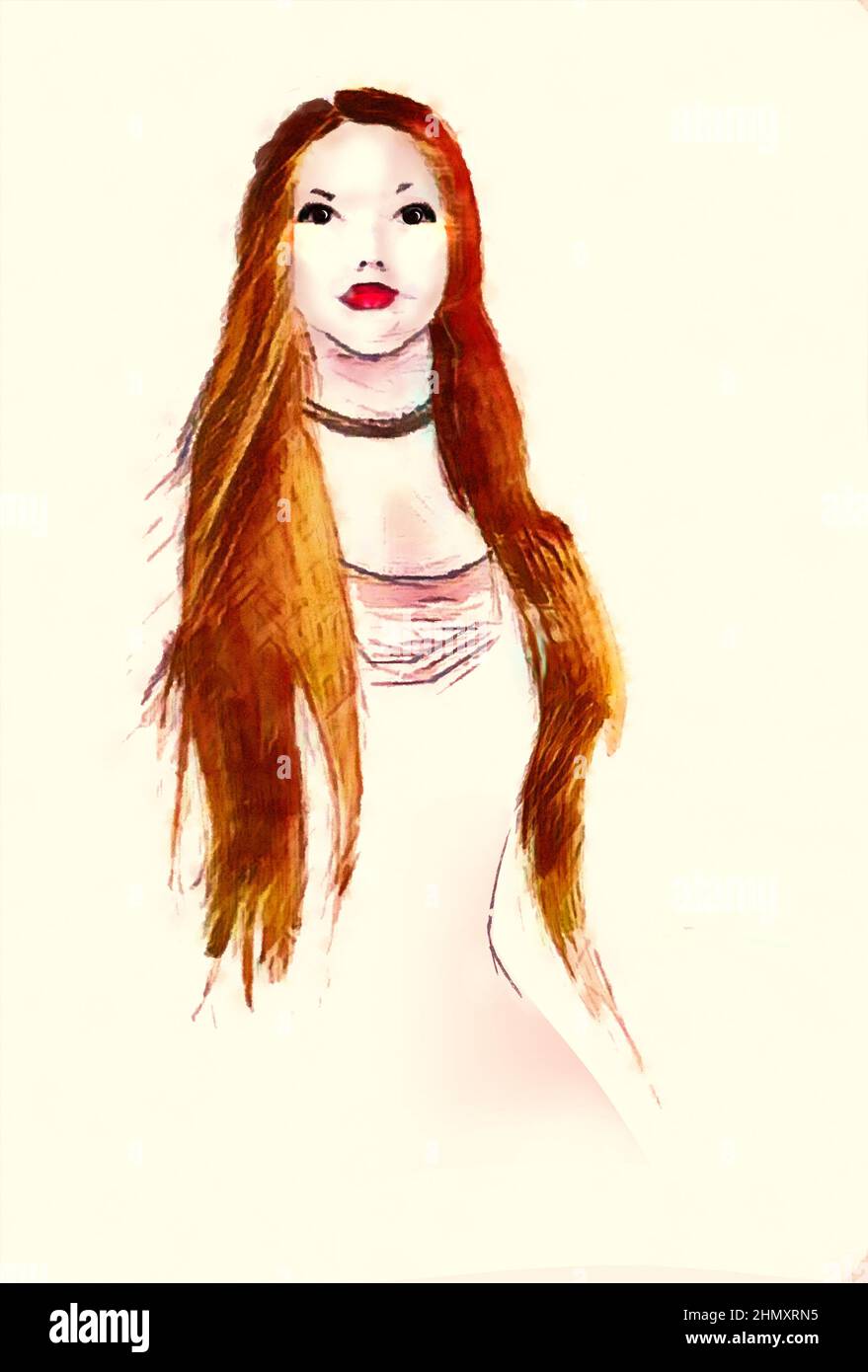 A beautiful young woman with long red hair is seen isolated on a white ...