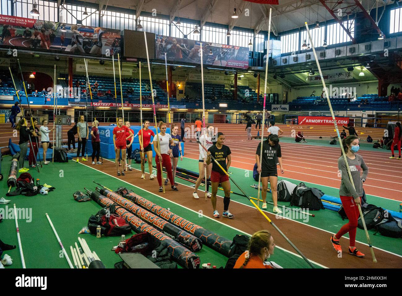 New York, New York, USA. 12th Feb, 2022. Women's pole Vaulters wait in