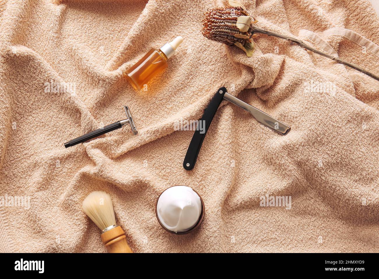 Stylish male accessories for shaving on beige fabric background Stock ...