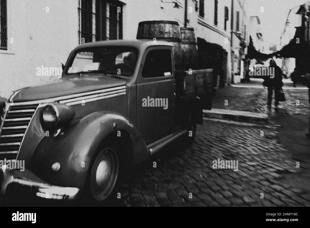 Black and white photo of an old van pick up with wooden box, model Fiat 1100 ELR Stock Photo