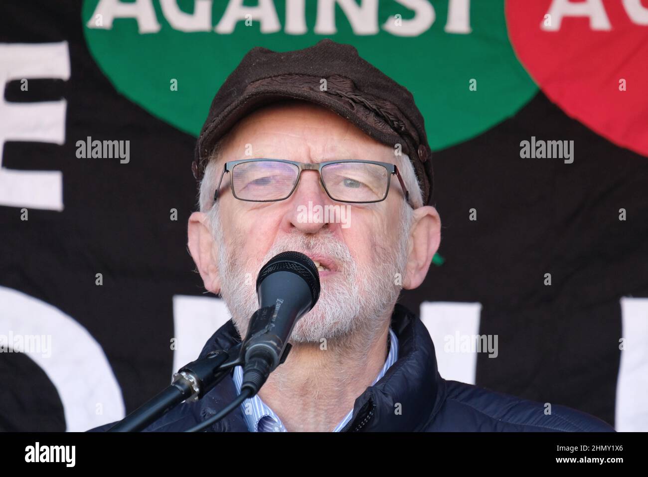 London, UK, 12th Feb, 2022. Former Labour leader Jeremy Corbyn addresses the crowd at a protest co-ordinated by anti-austerity group - The People's Assembly and trade unions held in Parliament Square, highlighting the cost of living crisis, as National Insurance contributions are set to increase in April and energy prices soar, plunging the poorest in society into poverty. Credit: Eleventh Hour Photography/Alamy Live News Stock Photo