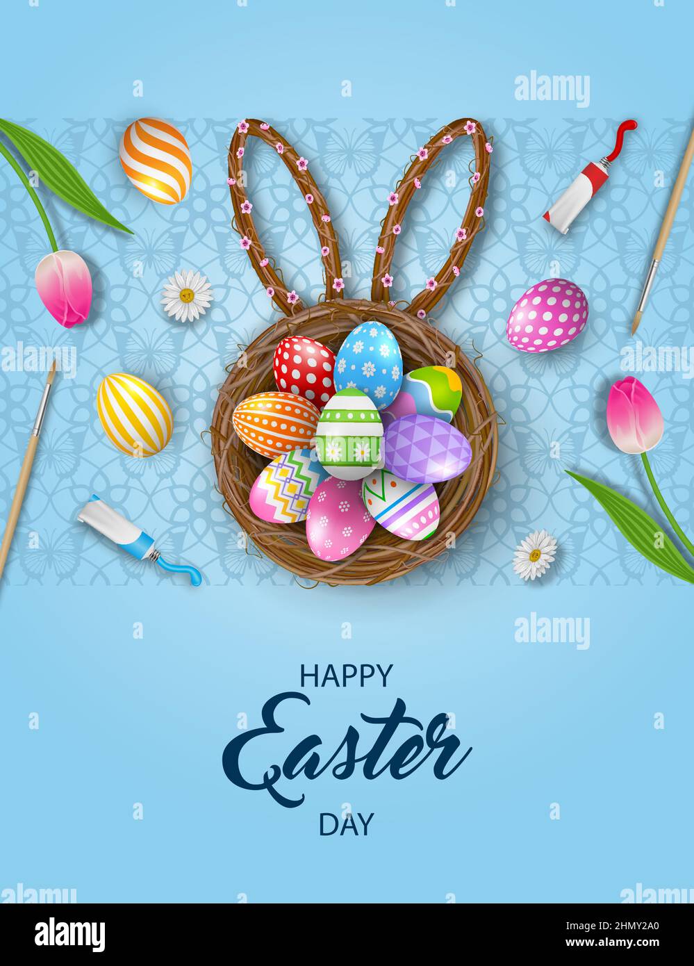 Happy easter poster with decorated eggs in the nest, brushes, tempera tubes and flowers Stock Vector