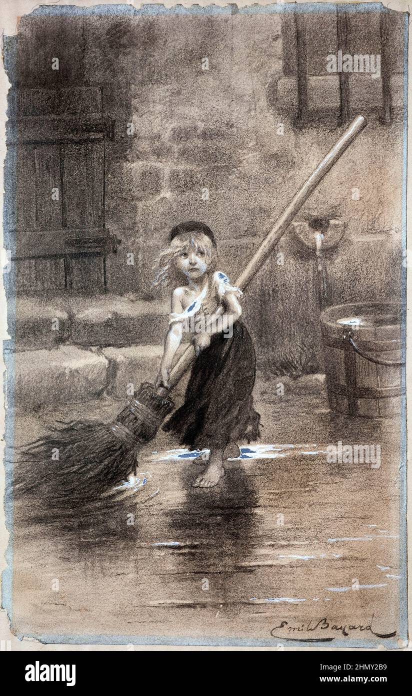 An illustration of Young Cosette sweeping from Les Miserables by Victor Hugo. Illustration by Émile Bayard. Stock Photo