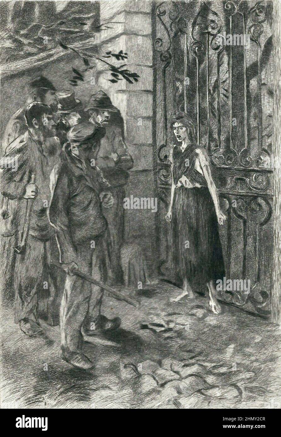 An illustration of Éponine stopping her father and the Patron-Minette gang from breaking-and-entering Valjean’s house  from Les Miserables by Victor Hugo Stock Photo