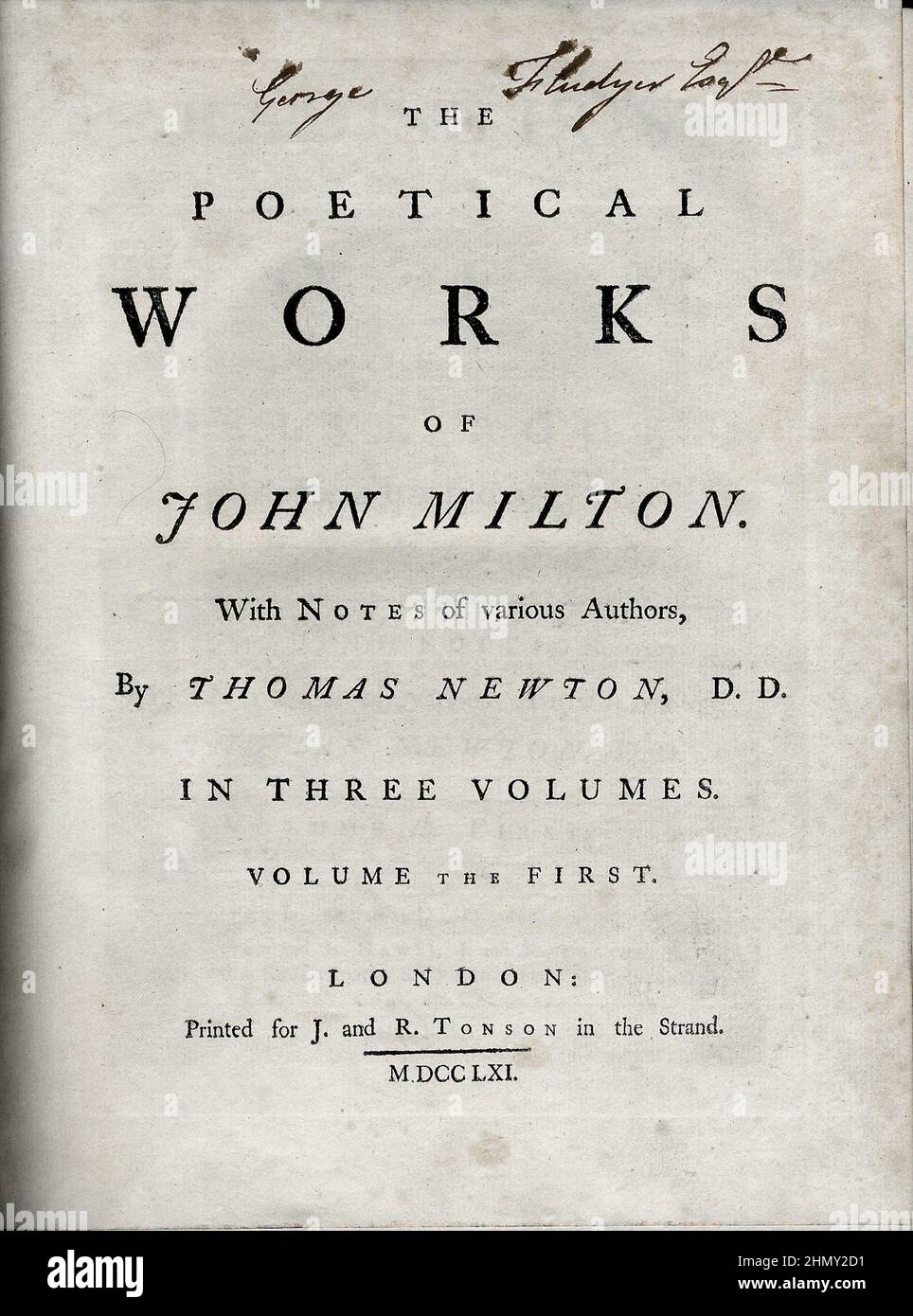 Title page of a 1752–1761 edition of 'The Poetical Works of John Milton with Notes of Various Authors by Thomas Newton'. Stock Photo