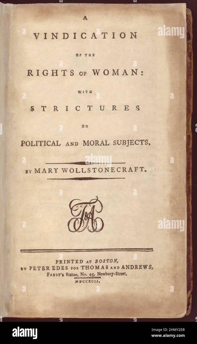 Title page from the first American edition of A Vindication of the Rights of Woman (1792) by Mary Wollstonecraft Stock Photo
