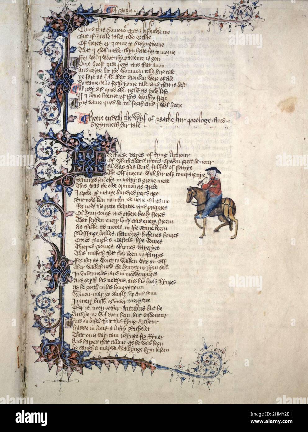 The Wife of Bath from The Ellesmere Chaucer (also called The Ellesmere Manuscript) of the Canterbury Tales. It  is an early 15th-century illuminated manuscript of Geoffrey Chaucer's famous work. Stock Photo