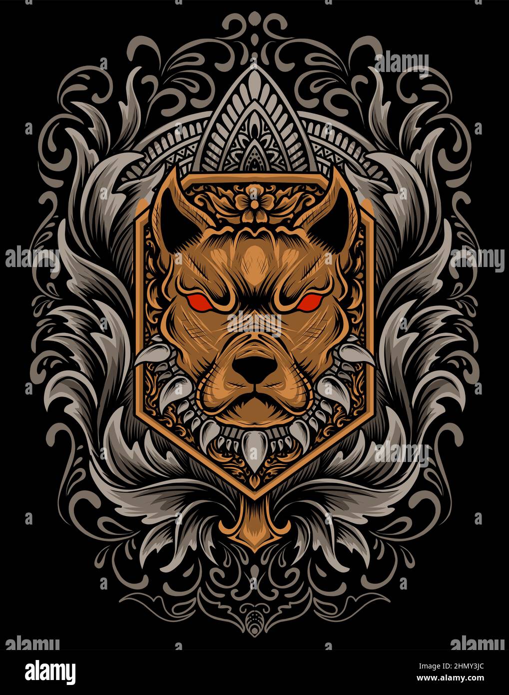 Illustration vector Dog head with vintage engraving ornament on black ...