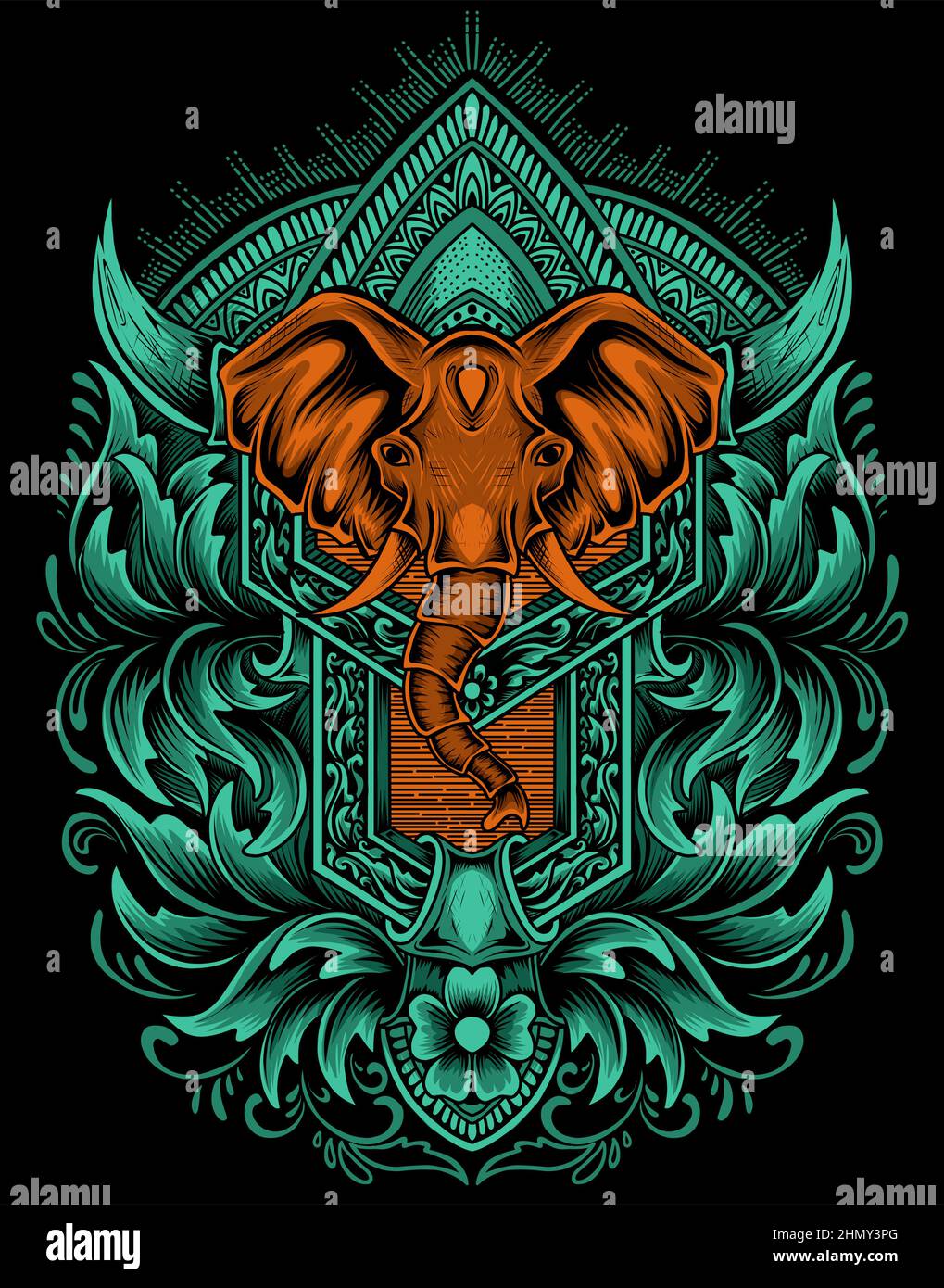Illustration vector Elephant head with vintage engraving ornament on ...
