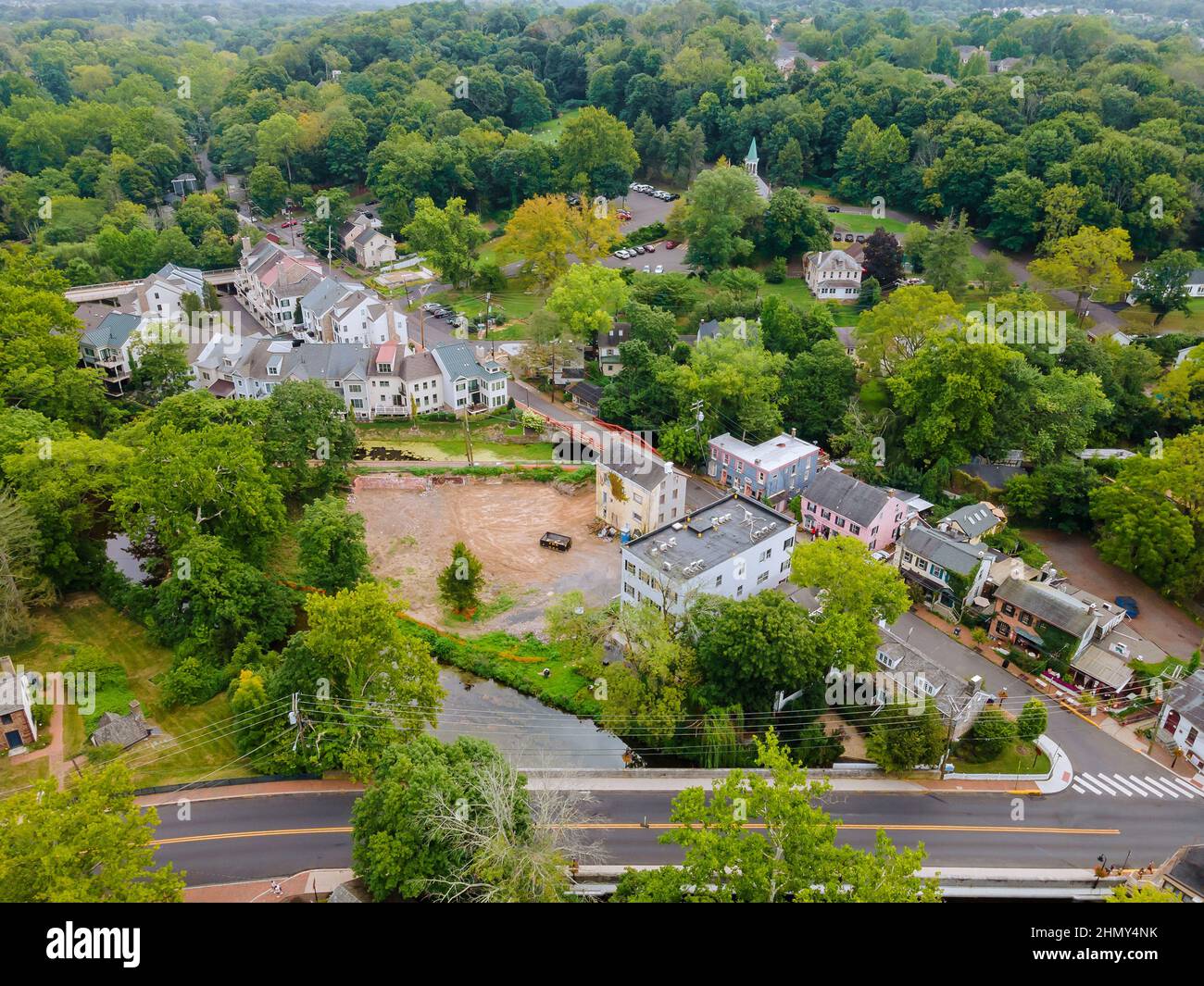 Aerial top view roofs of historic small town downtown New Hope in Pennsylvania US Stock Photo