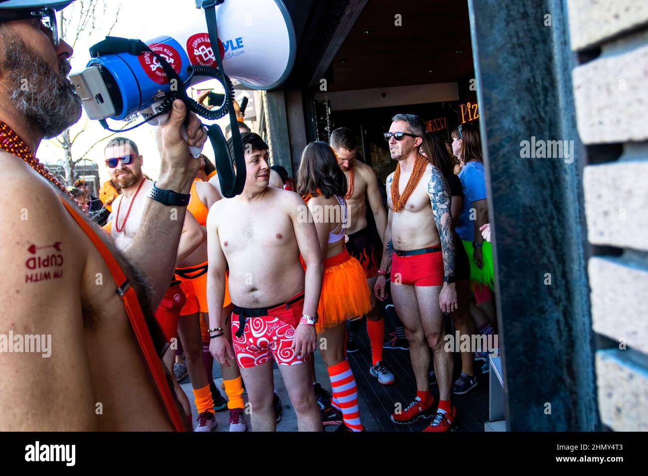 Reno, United States. 12th Feb, 2022. Cupid's Undie Run attendees preparing to run. Locals participate in the nationwide Cupidís Undie Run which raises money to treat and research neurofibromatosis. Credit: SOPA Images Limited/Alamy Live News Stock Photo