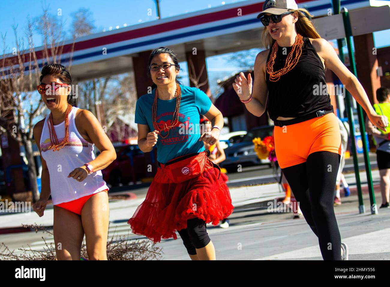 Reno, United States. 12th Feb, 2022. Cupid's Undie Run runners enjoying the event. Locals participate in the nationwide Cupidís Undie Run which raises money to treat and research neurofibromatosis. (Photo by Ty ONeil/SOPA Images/Sipa USA) Credit: Sipa USA/Alamy Live News Stock Photo