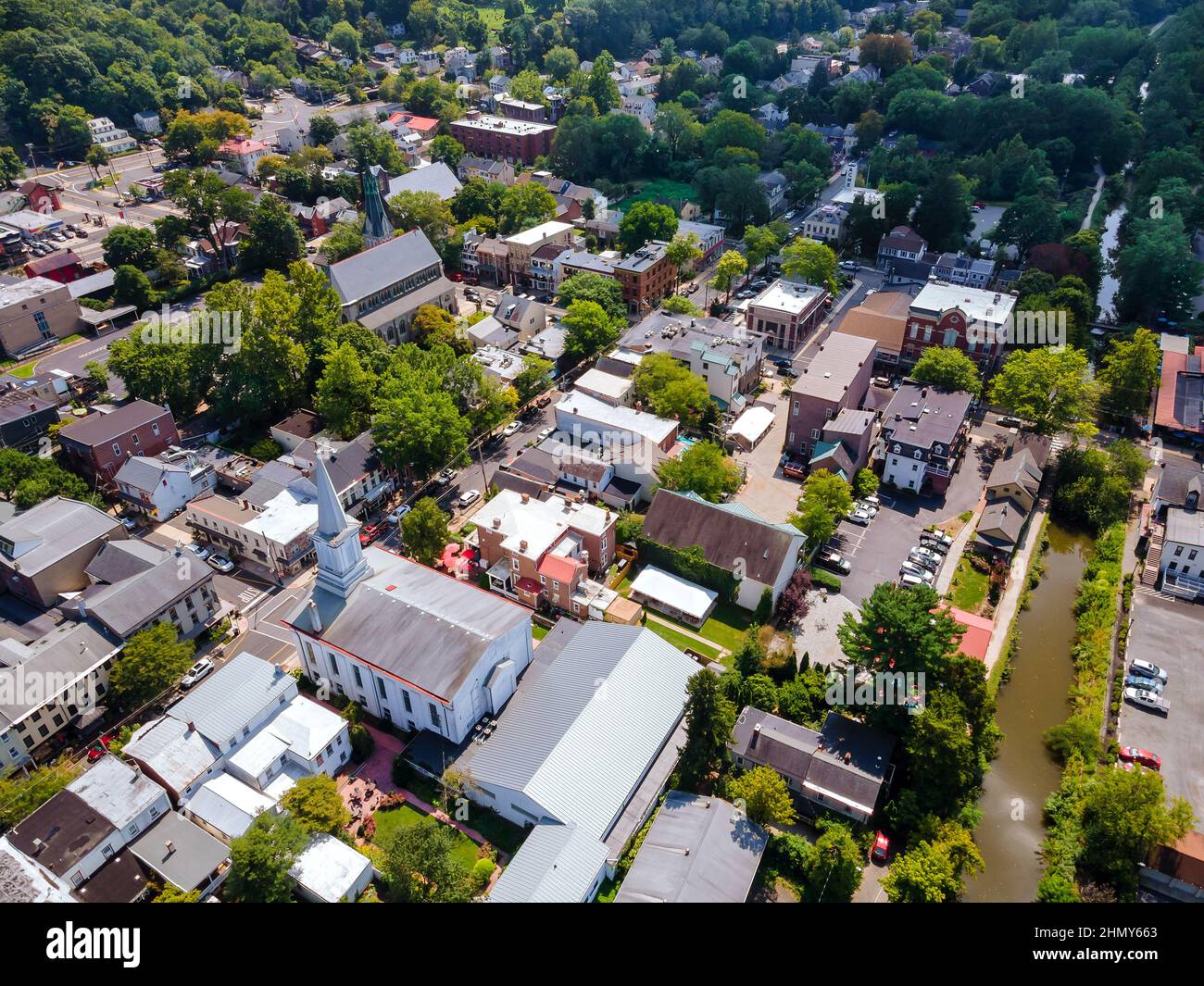 Aerial panoramic view of American old small town Lambertville the roofs of houses in New Jersey