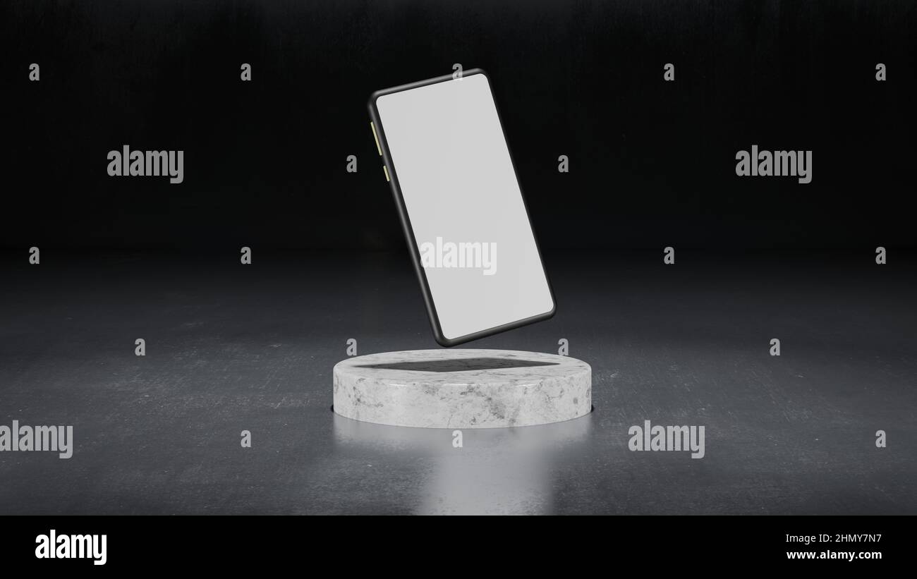 modern smartphone with white screen and marble podium or platform . 3d ...
