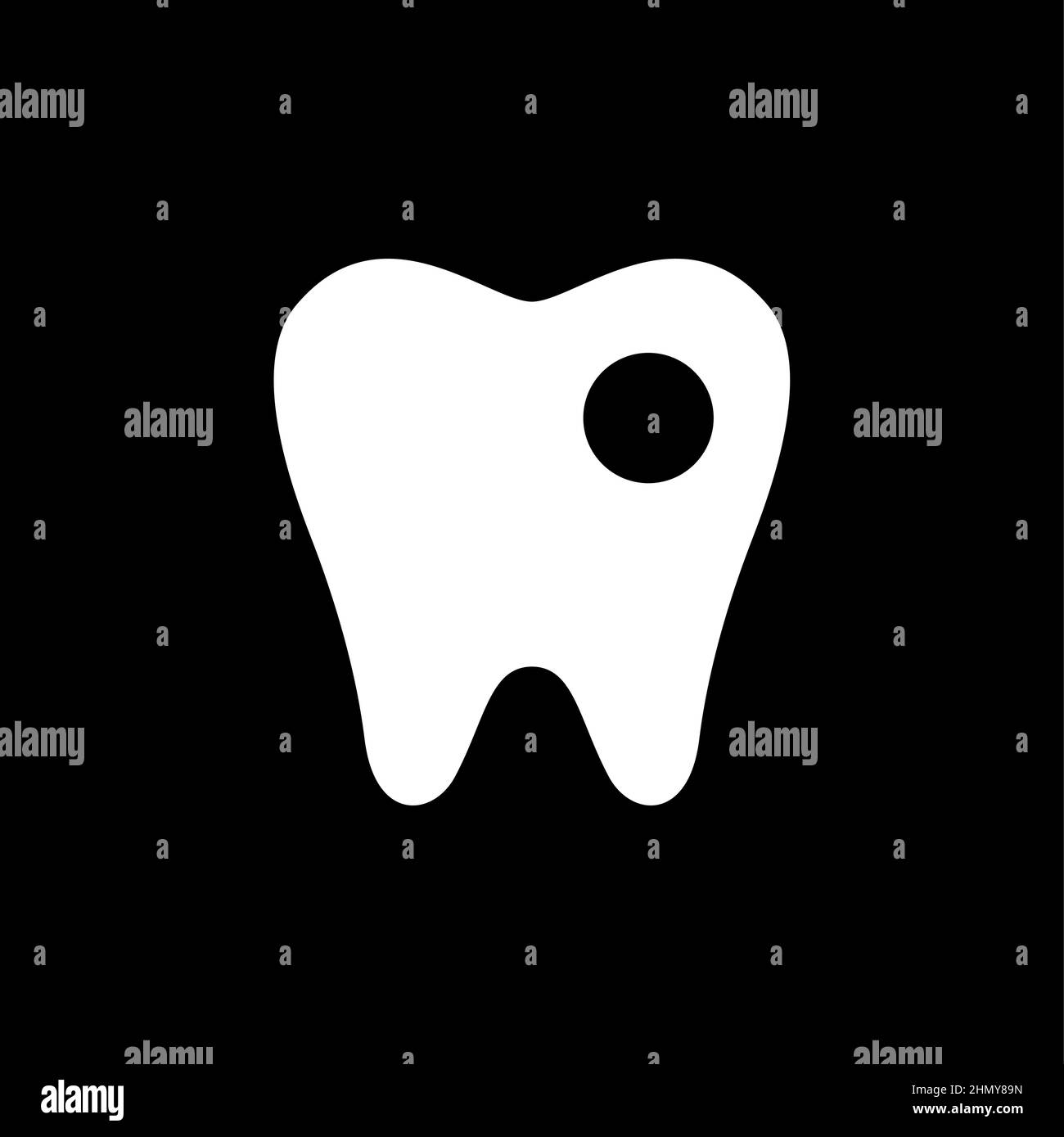 Symbol of a white tooth with a hole from caries on a black background ...