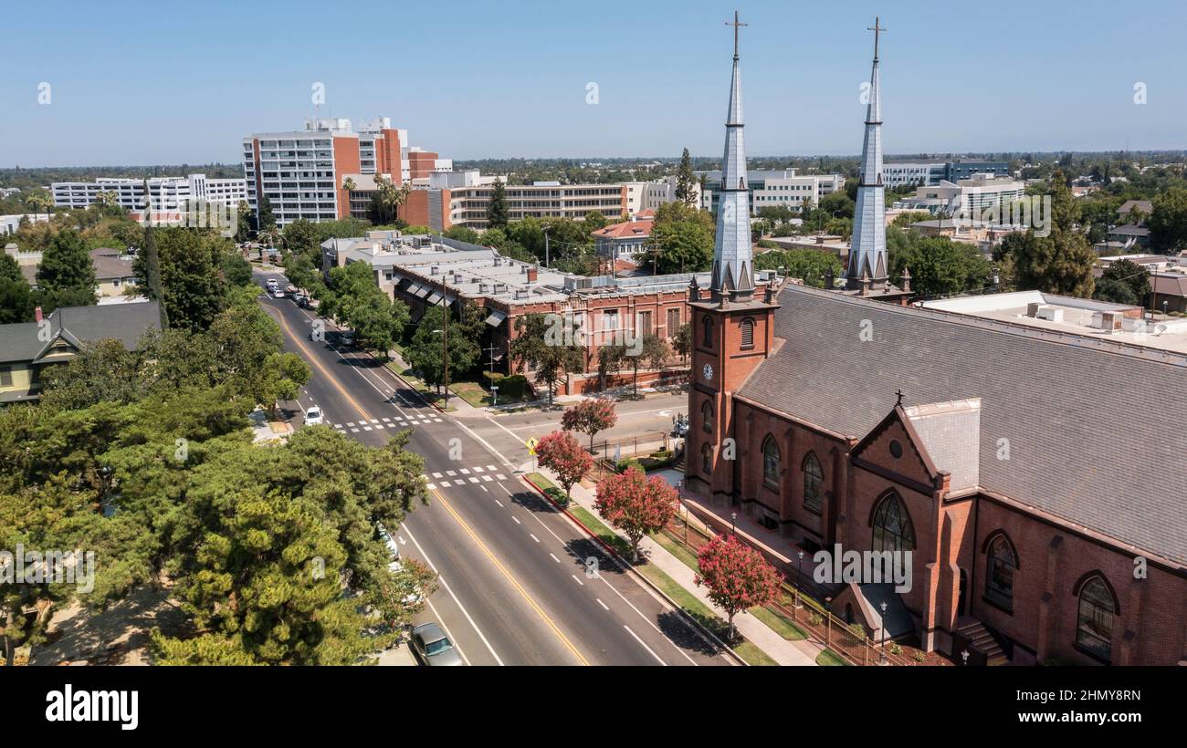 Daytime aerial view of the historic downtown district of Fresno