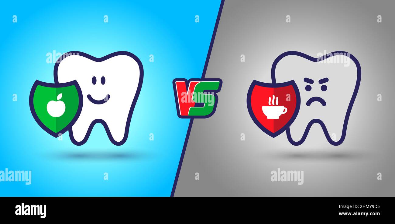 protected tooth, a healthy, white, happy tooth versus an evil, sick tooth. Harm vs use in the mouth Stock Vector