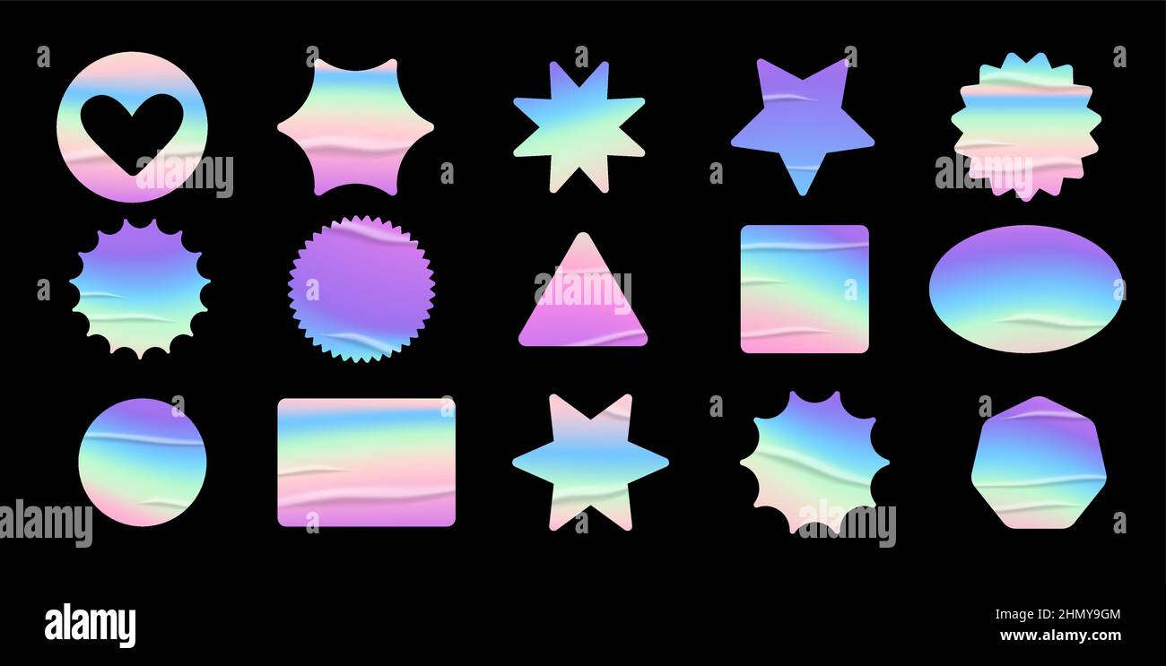 Holographic stickers set. Geometric shapes label with rainbow hologram