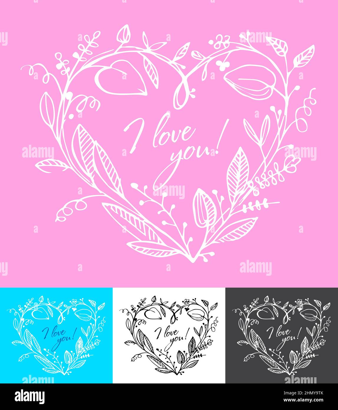 Wreath in the shape of a heart from flowers. Valentines Day card Stock ...