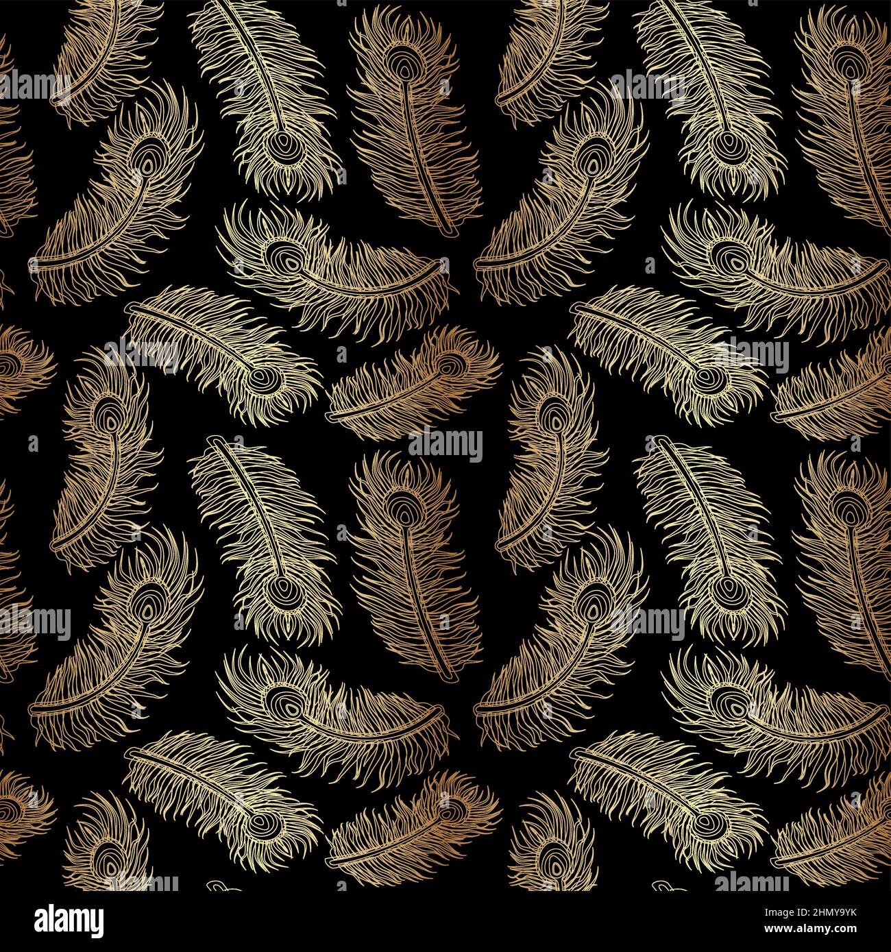 Gold Peacock Feather Seamless Pattern on Black Background Stock Vector