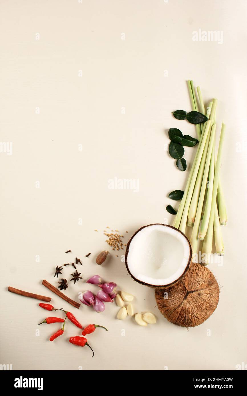 Spices, Coconut, and Other Ingredient Making Indonesian or Thai Menu, Copy Space for Text Stock Photo