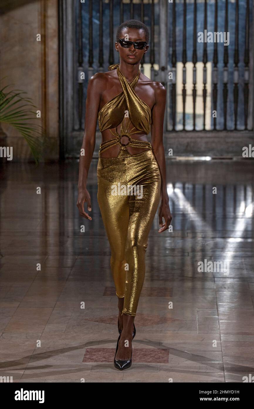 NEW YORK, NEW YORK - FEBRUARY 12: A model walks the runway for the PatBo show at Surrogate's Court during New York Fashion Week: The Shows on February 12, 2022 in New York City. Credit: Ron Adar/Alamy Live News Stock Photo