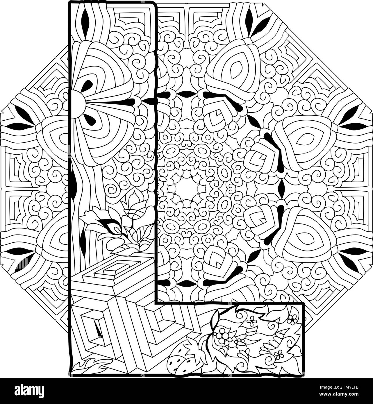 Zentangle stylized alphabet - letter L on mandala for coloring. Vector illustration. Ethnic pattern Stock Vector