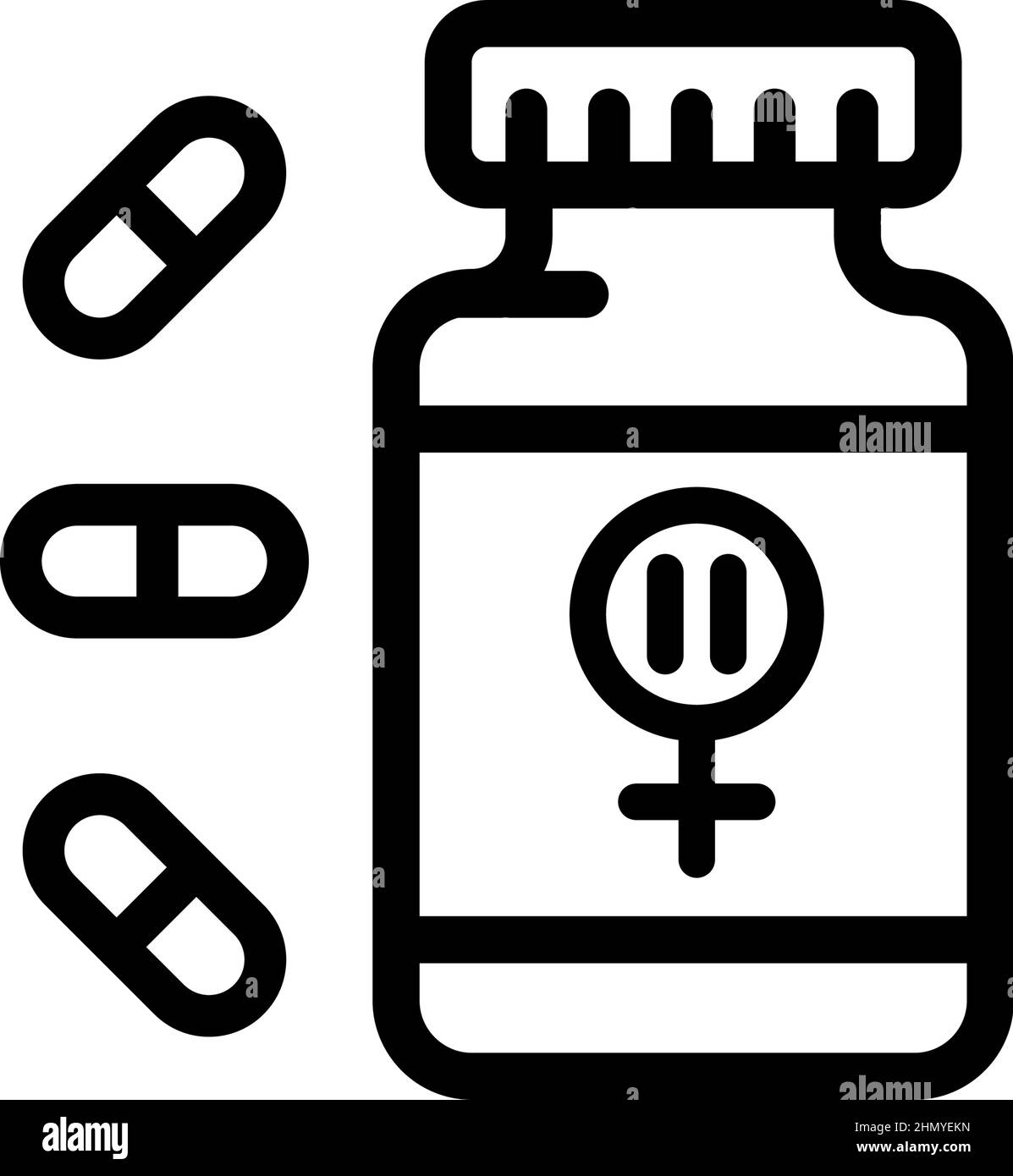 Hormone replacement therapy outline icon. Pills for menopause. Medication for female health. Pharmaceutical product in bottle. Drug in container. Medi Stock Vector