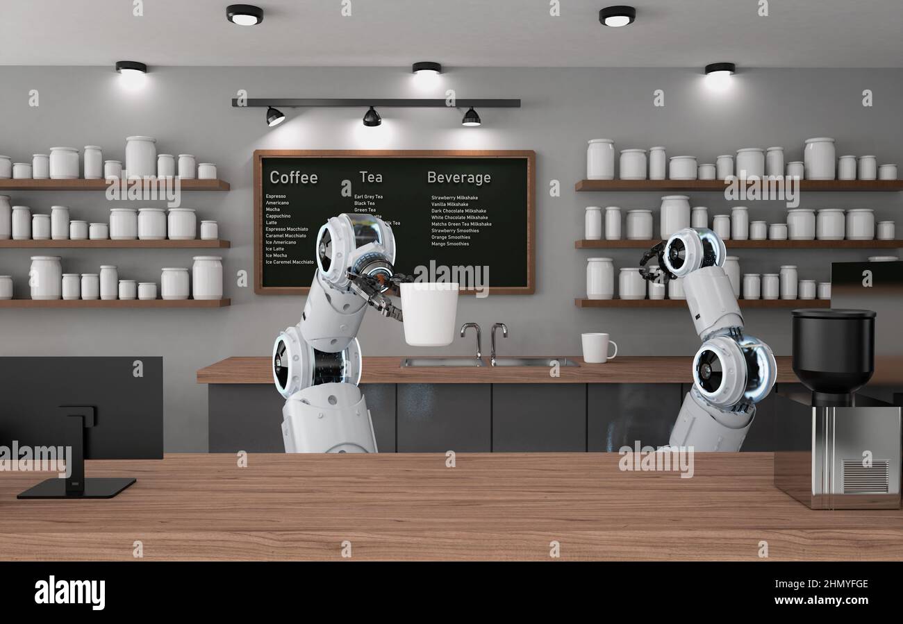 Automation cafe or coffee shop concept with 3d rendering robotic barista  serve cup of coffee Stock Photo - Alamy