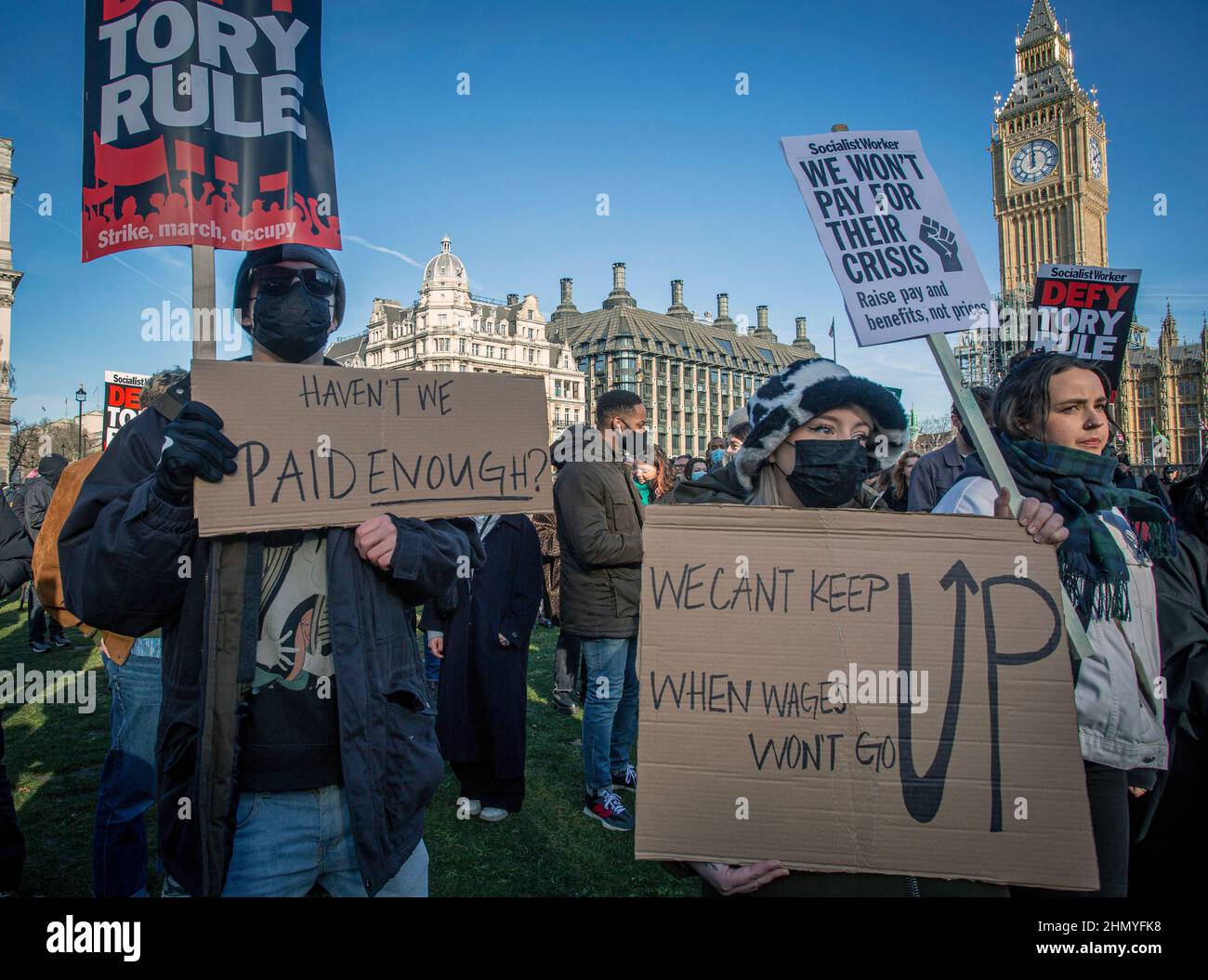London, UK 12 th February 2022. Campaigners gathered on Parliament Square in protest against the rises in fuel prices and costs of living. Stock Photo