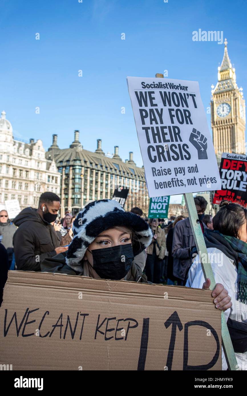 Young woman protest against the rises in fuel prices and costs of living. Stock Photo