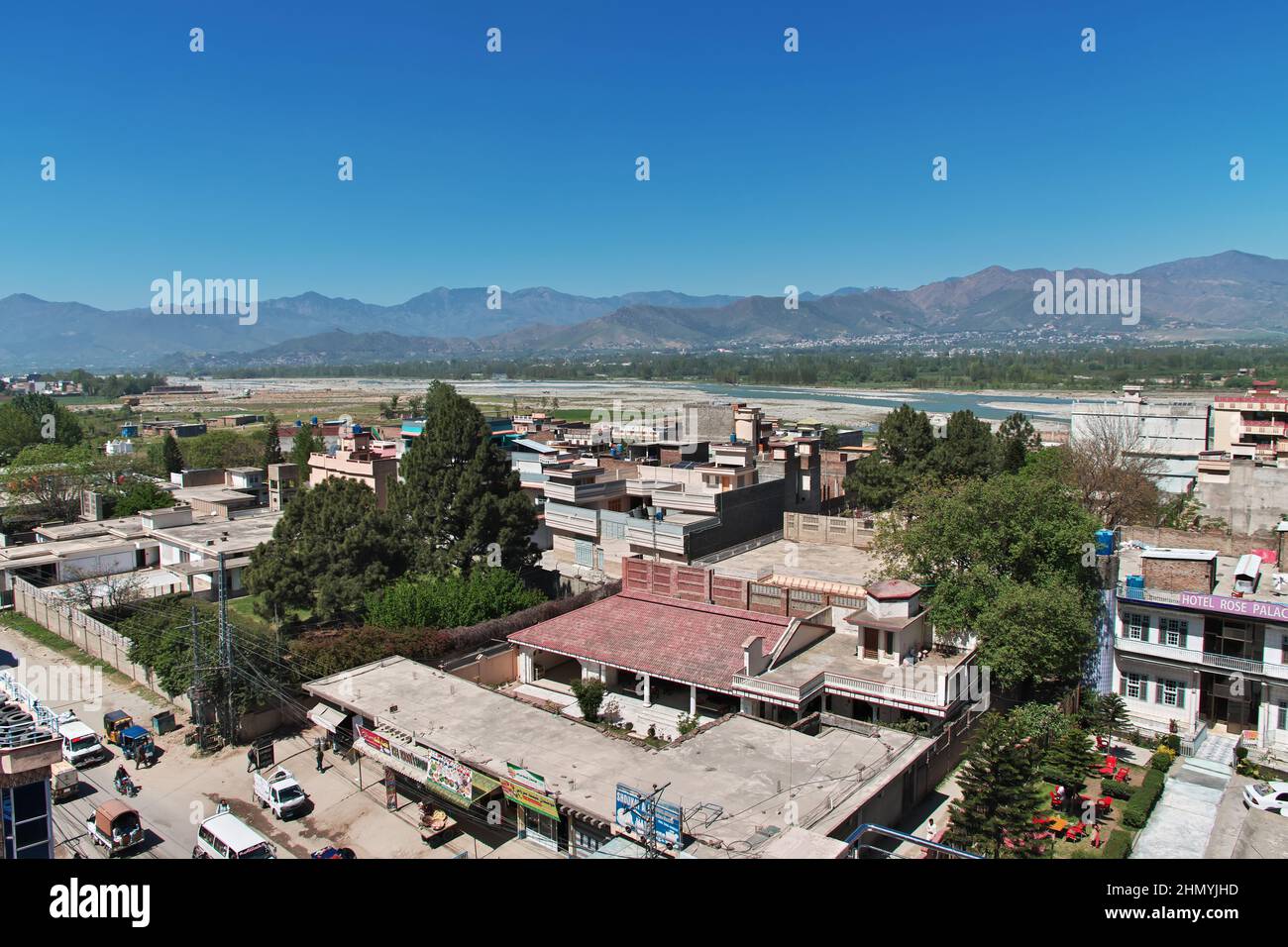 The panoramic view of Mingora in Swat valley of Himalayas, Pakistan Stock Photo