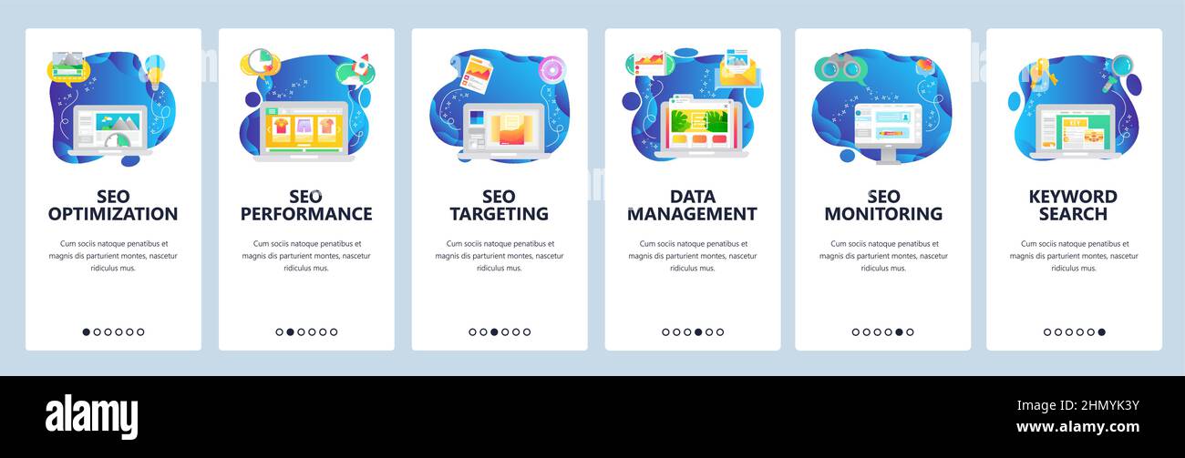 Onboarding for web site and mobile app. Menu banner vector template for website and application development. SEO optimization performance targeting mo Stock Vector