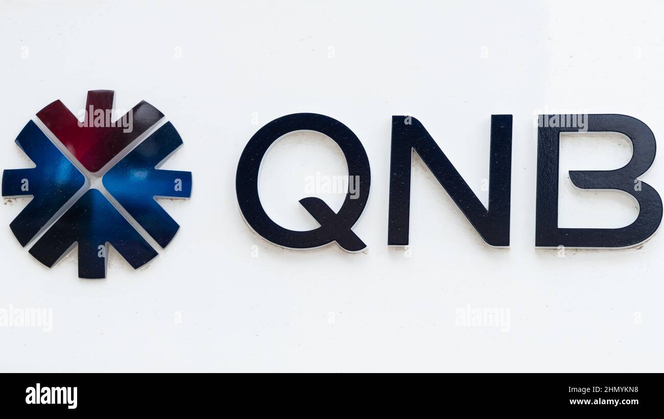 Doha, Qatar - January 16th 2022: Close up of the Qatar National Bank QNB logo Stock Photo