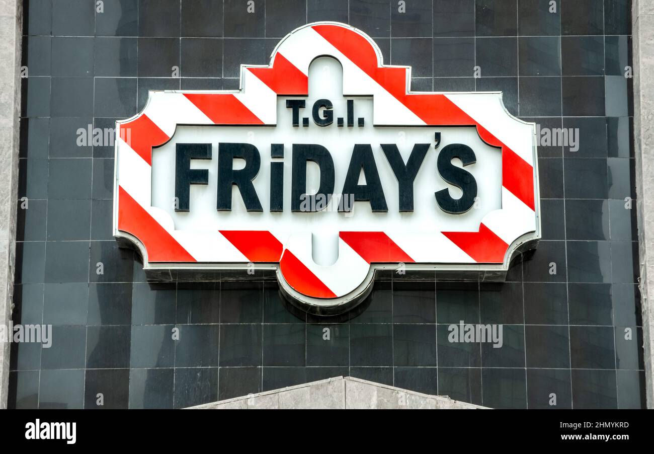 Doha, Qatar January 16th 2022 Red and Black T.G.I Friday's sign logo
