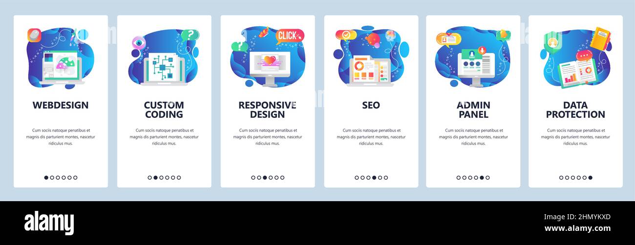 Onboarding for web site and mobile app. Menu banner vector template for website and application development. Webdesign, Custom coding, Responsive desi Stock Vector