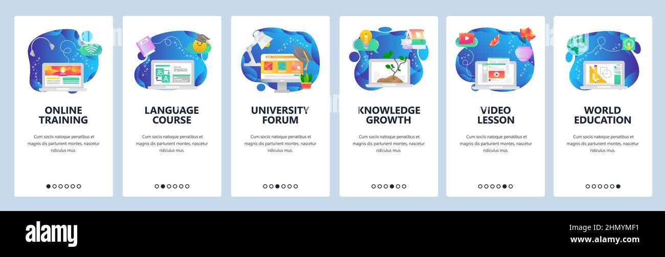 Online training, language courses web site and mobile app onboarding screens. Menu banner vector template for website and application development. Stock Vector