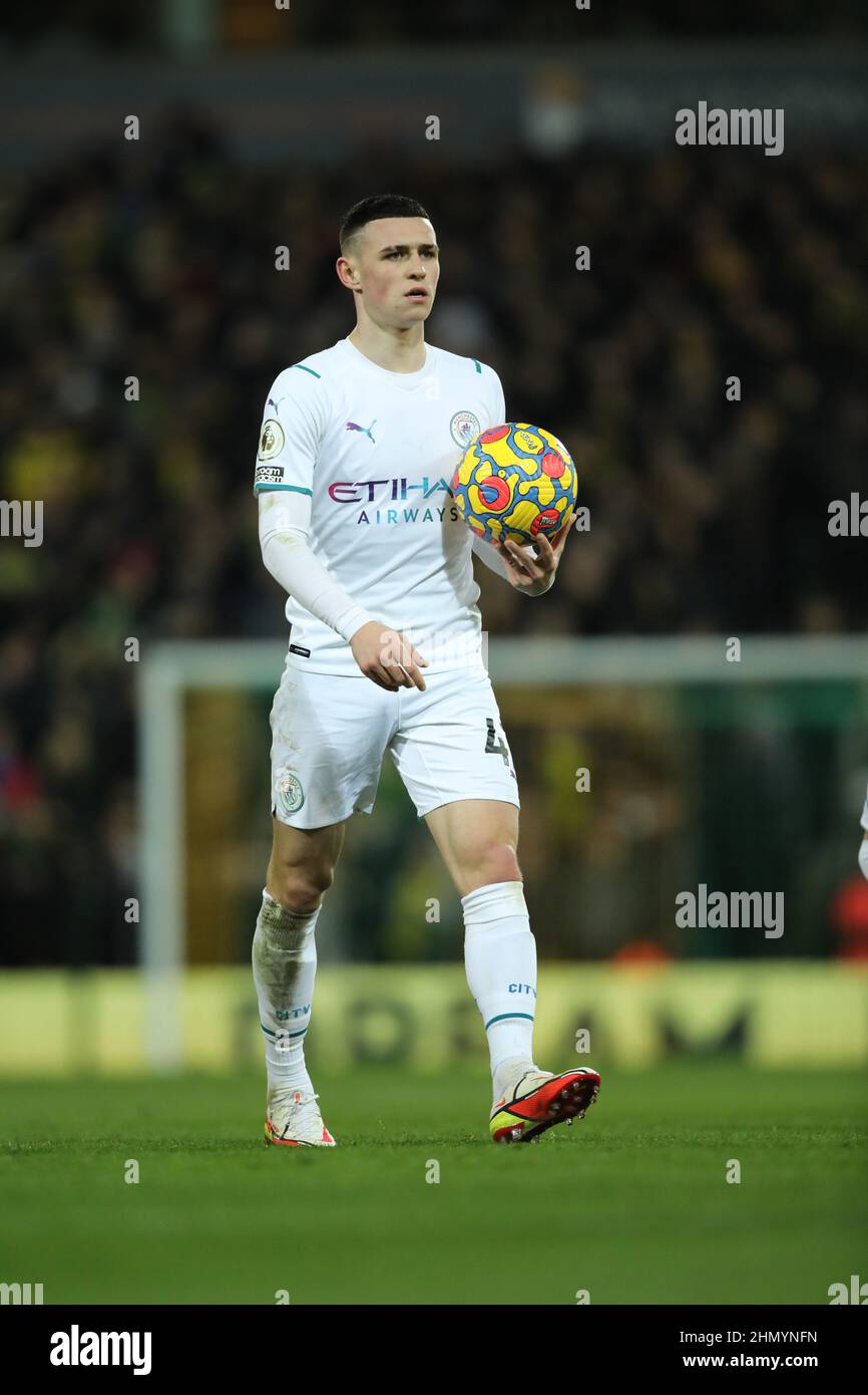 Norwich, UK. 12th Feb, 2022. Phil Foden (MC) with the Nike winter match  ball at the Norwich City v Manchester City, English Premier League match,  at Carrow Road, Norwich. Credit: Paul Marriott/Alamy