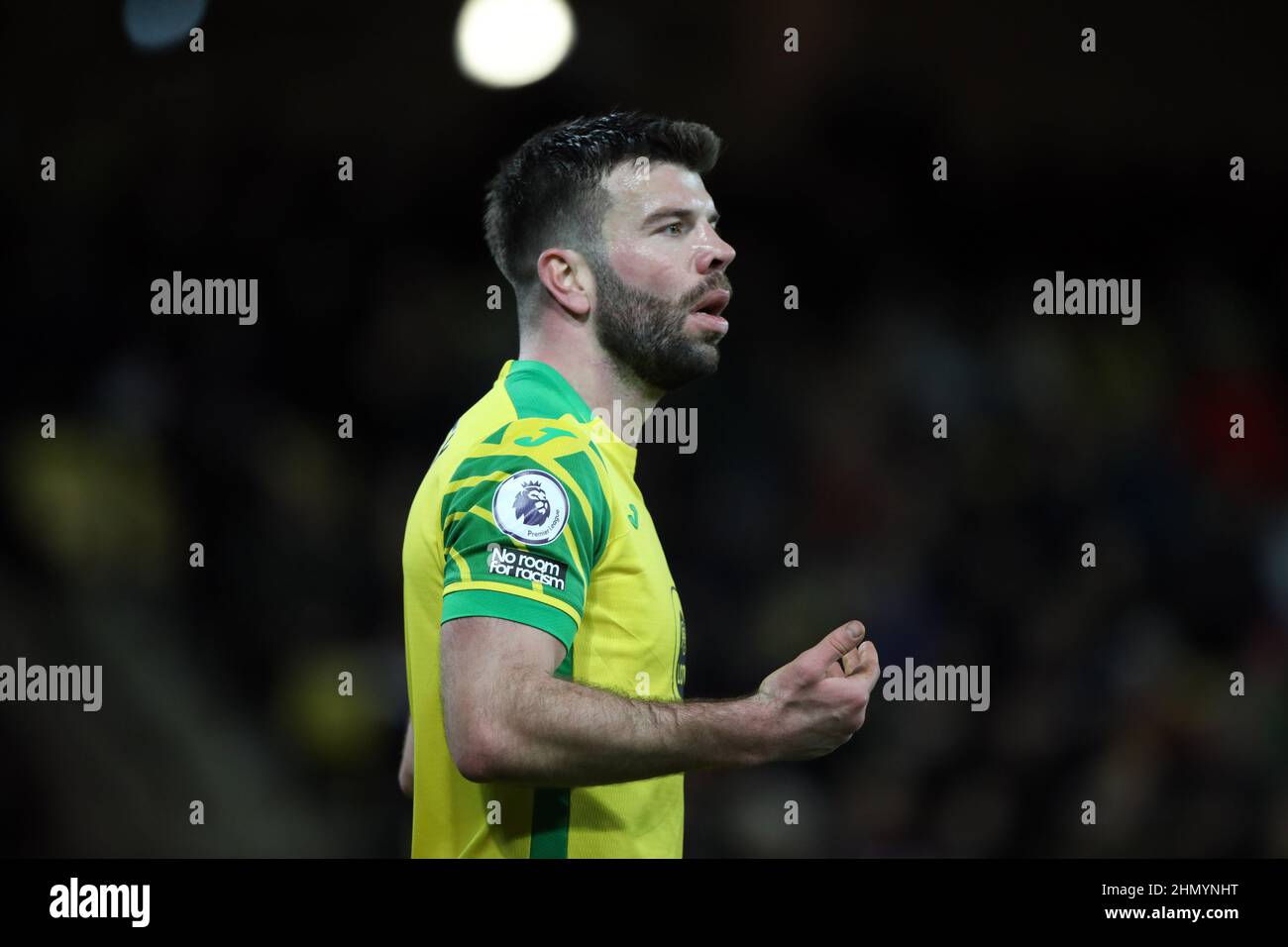 Norwich, UK. 12th Feb, 2022. Grant Hanley (NC) shocked as a penalty is given against him at the Norwich City v Manchester City, English Premier League match, at Carrow Road, Norwich. Credit: Paul Marriott/Alamy Live News Stock Photo