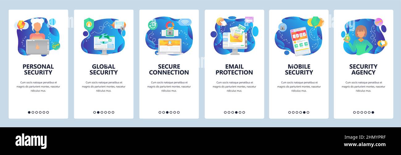Onboarding for web site and mobile app. Menu banner vector template for website and application development. Personal, global, mobile security, Secure Stock Vector