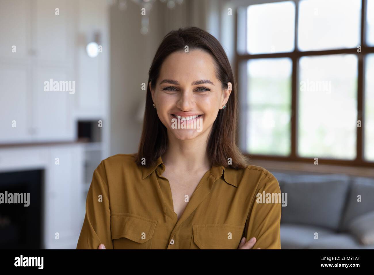 Portrait of happy attractive young 30s woman Stock Photo Alamy