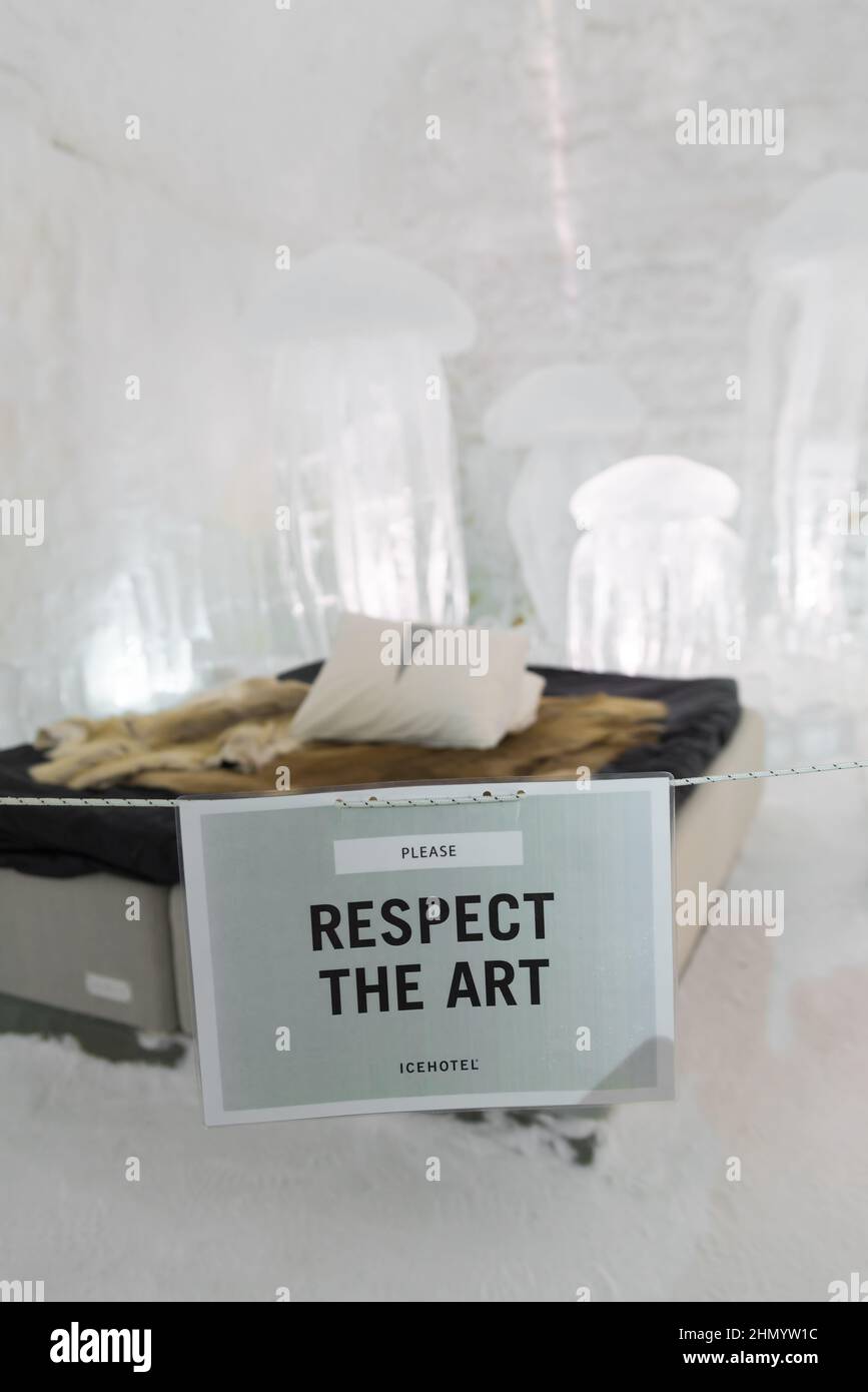 JUKKASJAVI, LAPLAND - FEBRUARY 24, 2020: Sign asking to respect the art in the official Ice Hotel in the north of sweden. Stock Photo
