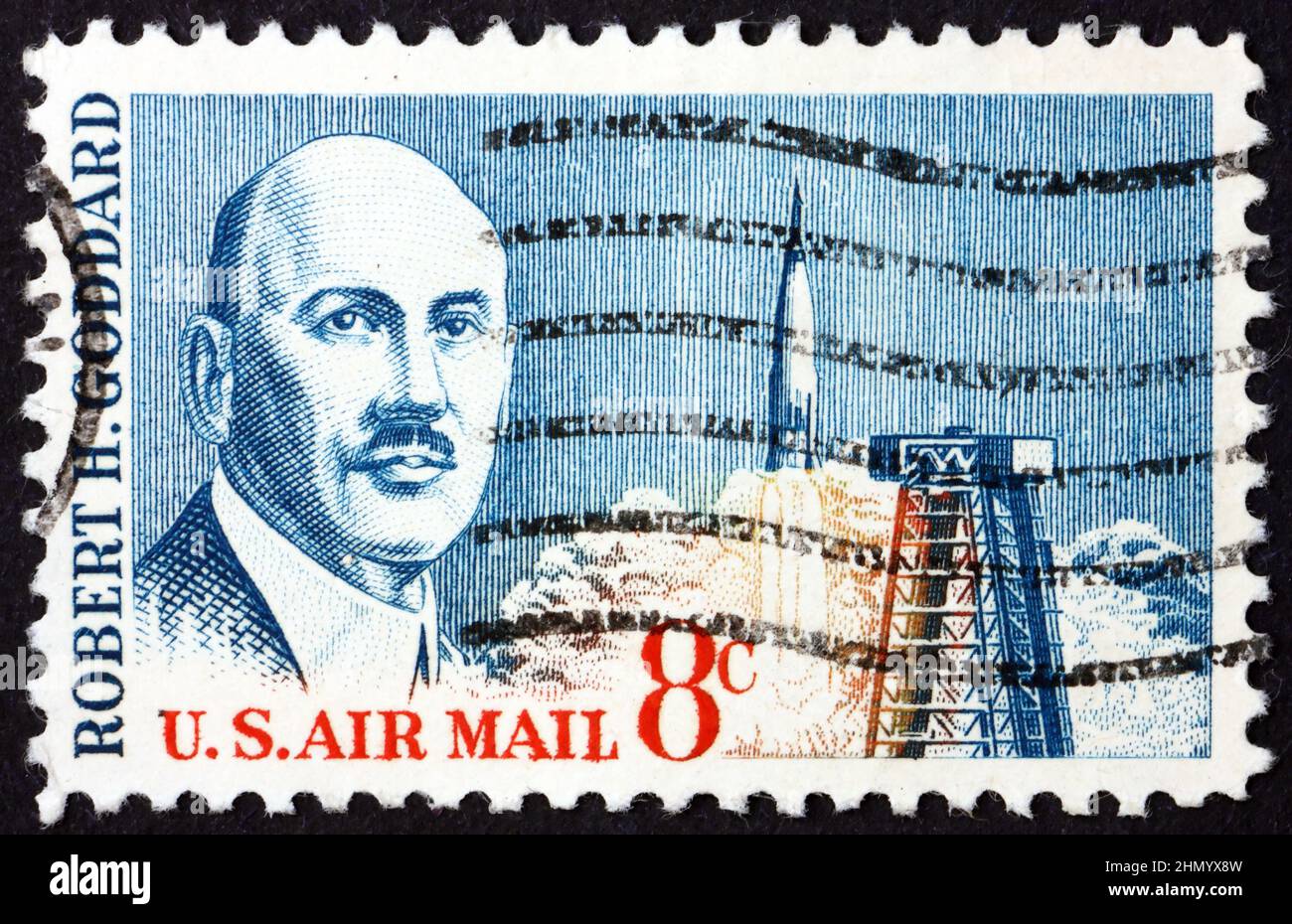 UNITED STATES OF AMERICA - CIRCA 1964: a stamp printed in the United States of America shows Robert H. Goddard, Atlas Rocket and Launching Tower, Cape Stock Photo