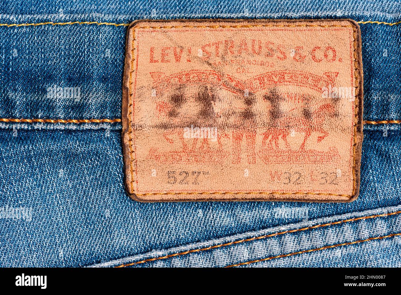 Levi Strauss & Co. emblem on classic 527 boot cut blue jeans Stock Photo
