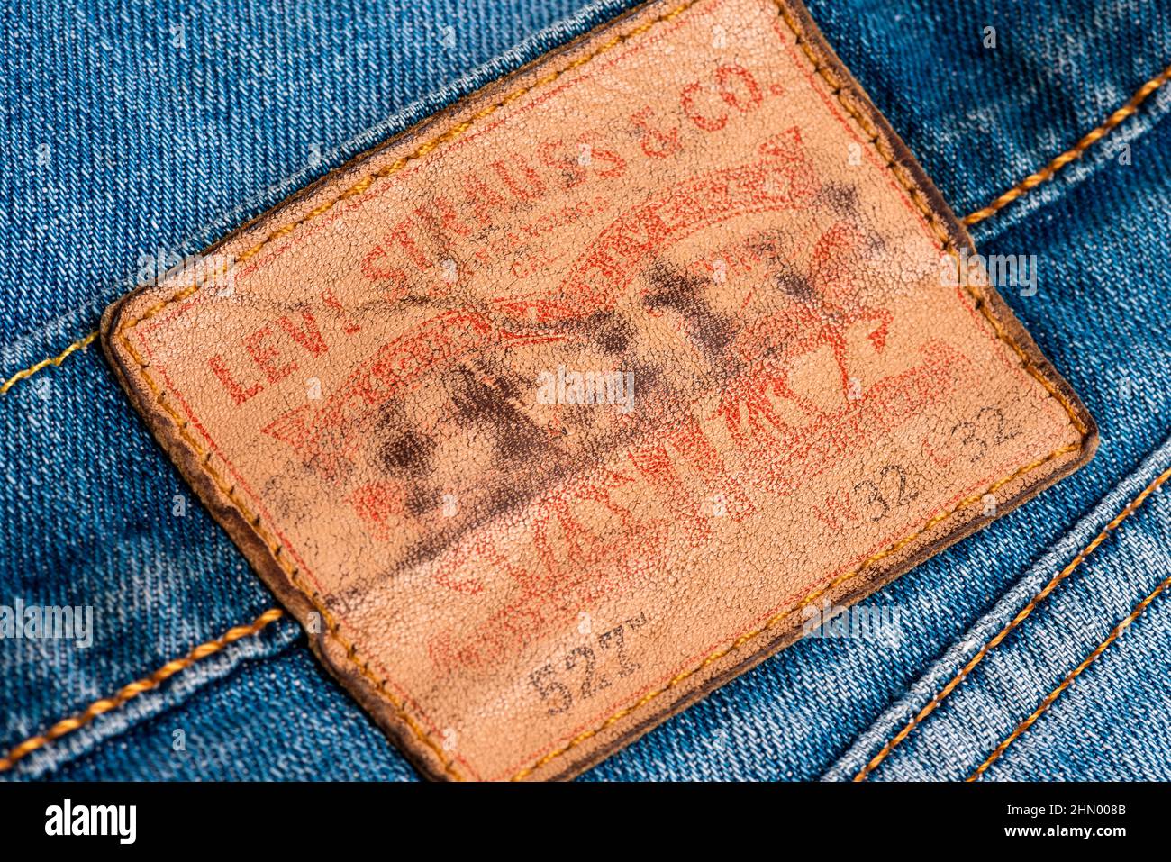 Levi's weathered label on classic 527 boot cut blue jeans Stock Photo