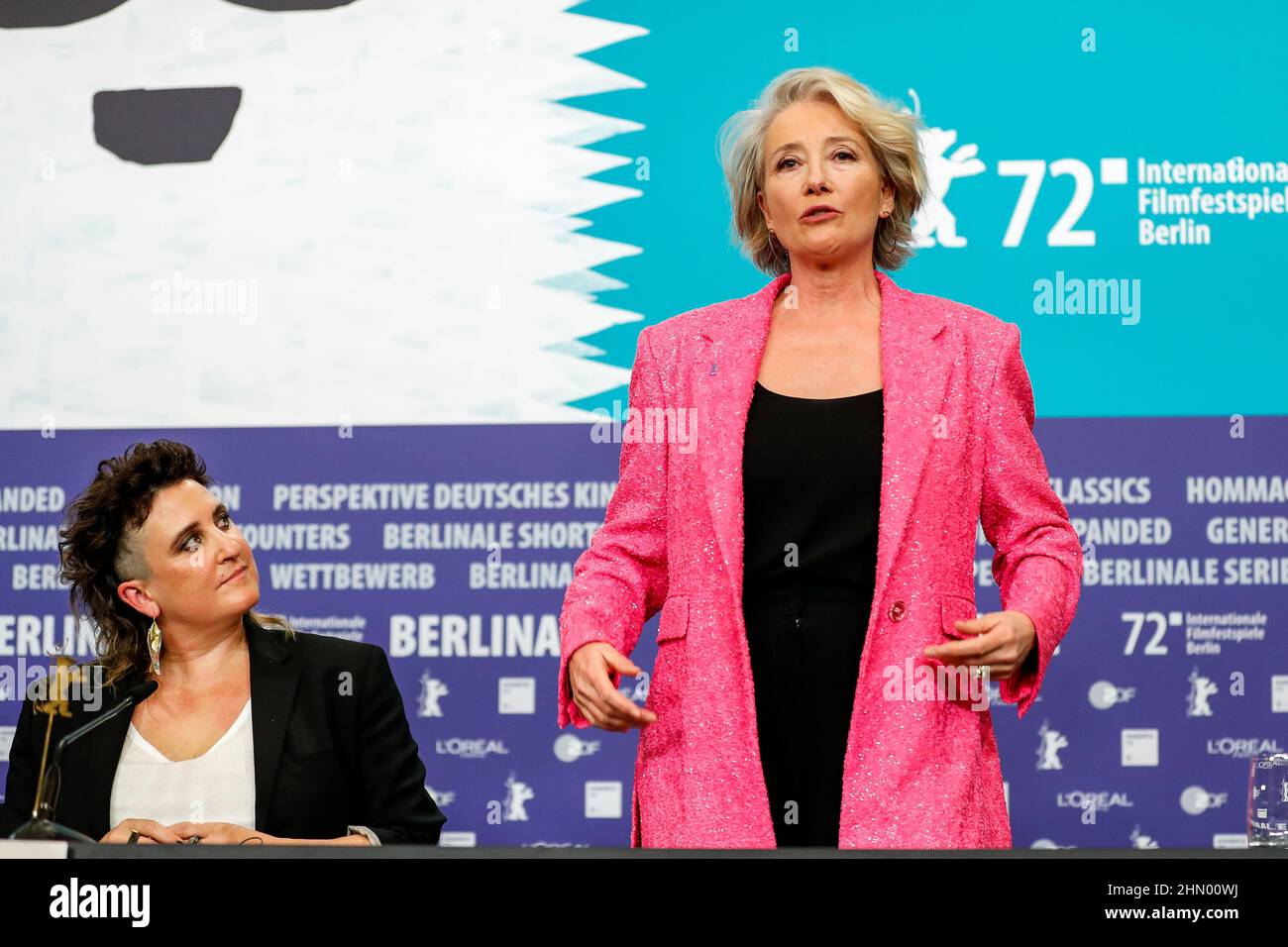Berlin, Germany. 12th Feb, 2022. Sophie Hyde (l) and Emma Thompson at the press conference for the film 'Good Luck to You, Leo Grande', which is part of the 'Berlinale Special Gala' series. The 72nd International Film Festival will take place in Berlin from Feb. 10-20, 2022. Credit: Gerald Matzka/dpa/Alamy Live News Stock Photo