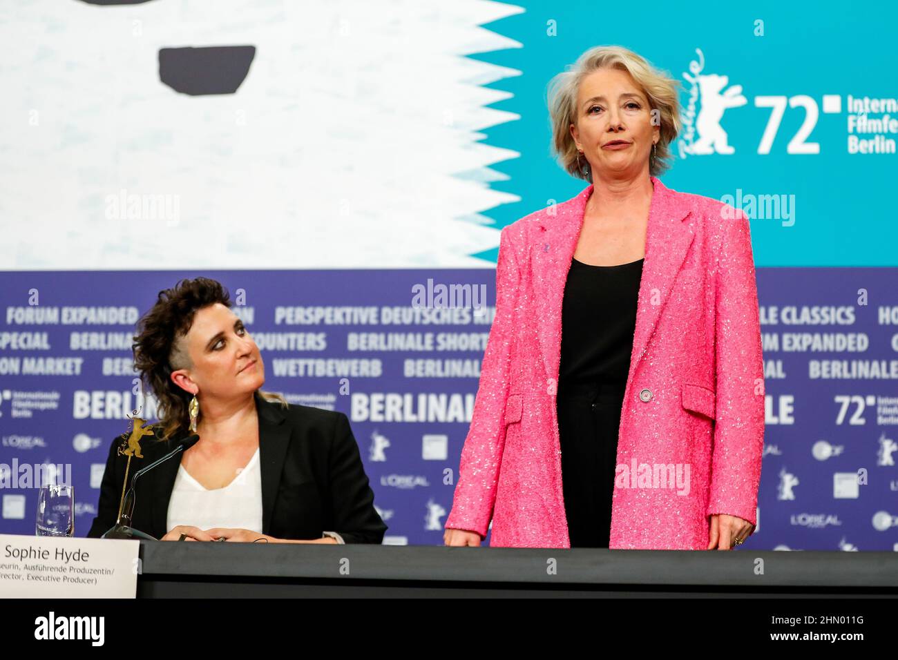 Berlin, Germany. 12th Feb, 2022. Sophie Hyde (l) and Emma Thompson at the press conference for the film 'Good Luck to You, Leo Grande', which is part of the 'Berlinale Special Gala' series. The 72nd International Film Festival will take place in Berlin from Feb. 10-20, 2022. Credit: Gerald Matzka/dpa/Alamy Live News Stock Photo