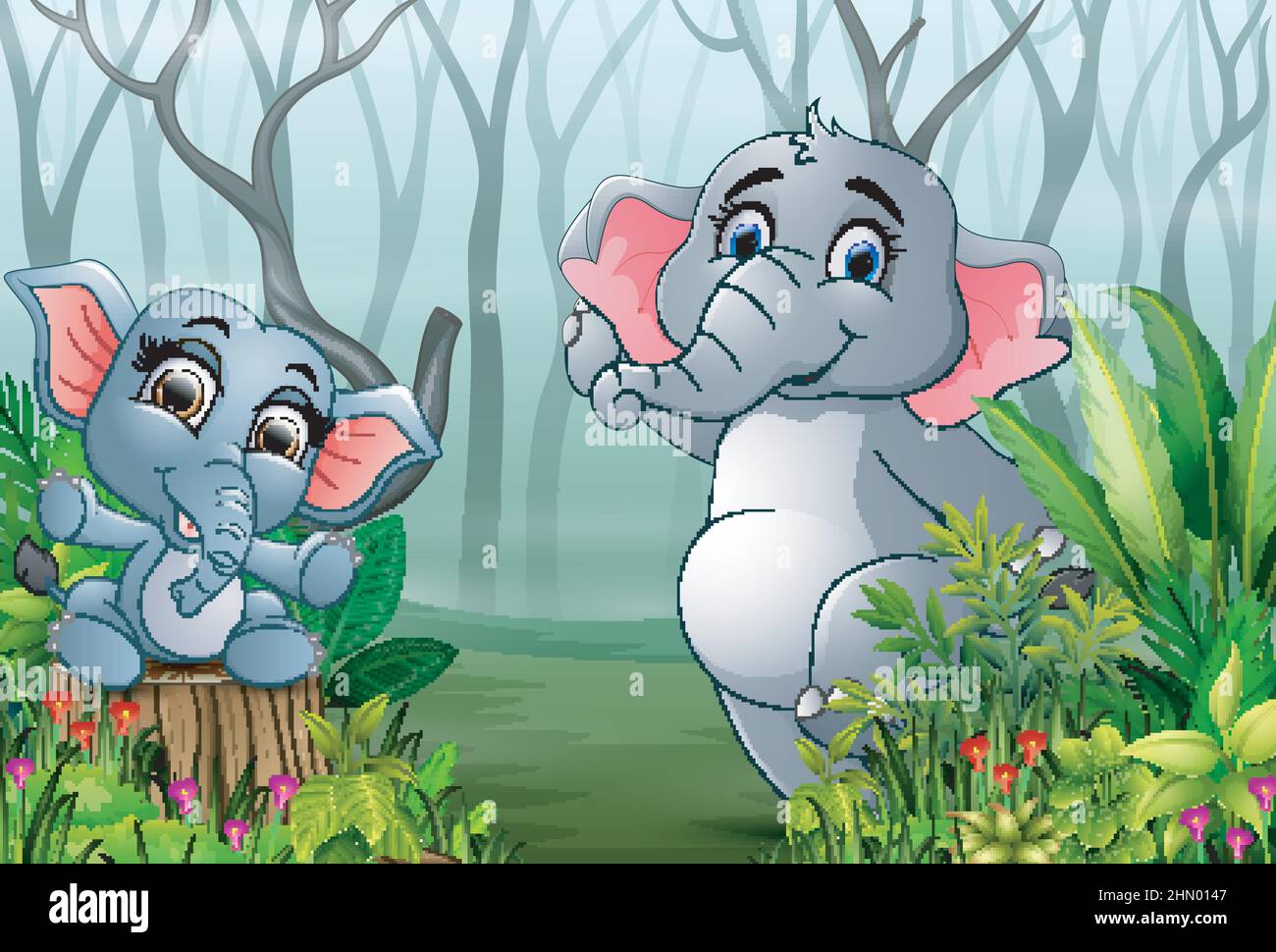 Two elephants in the forest with dry tree branches background Stock ...