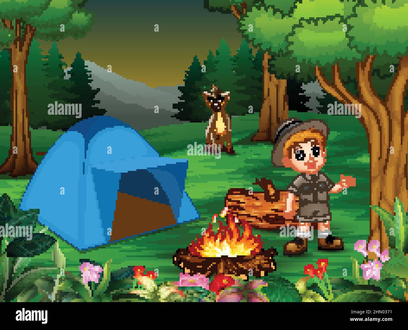 Boys in camping outfit with a hyena in the campsite Stock Vector Image &  Art - Alamy